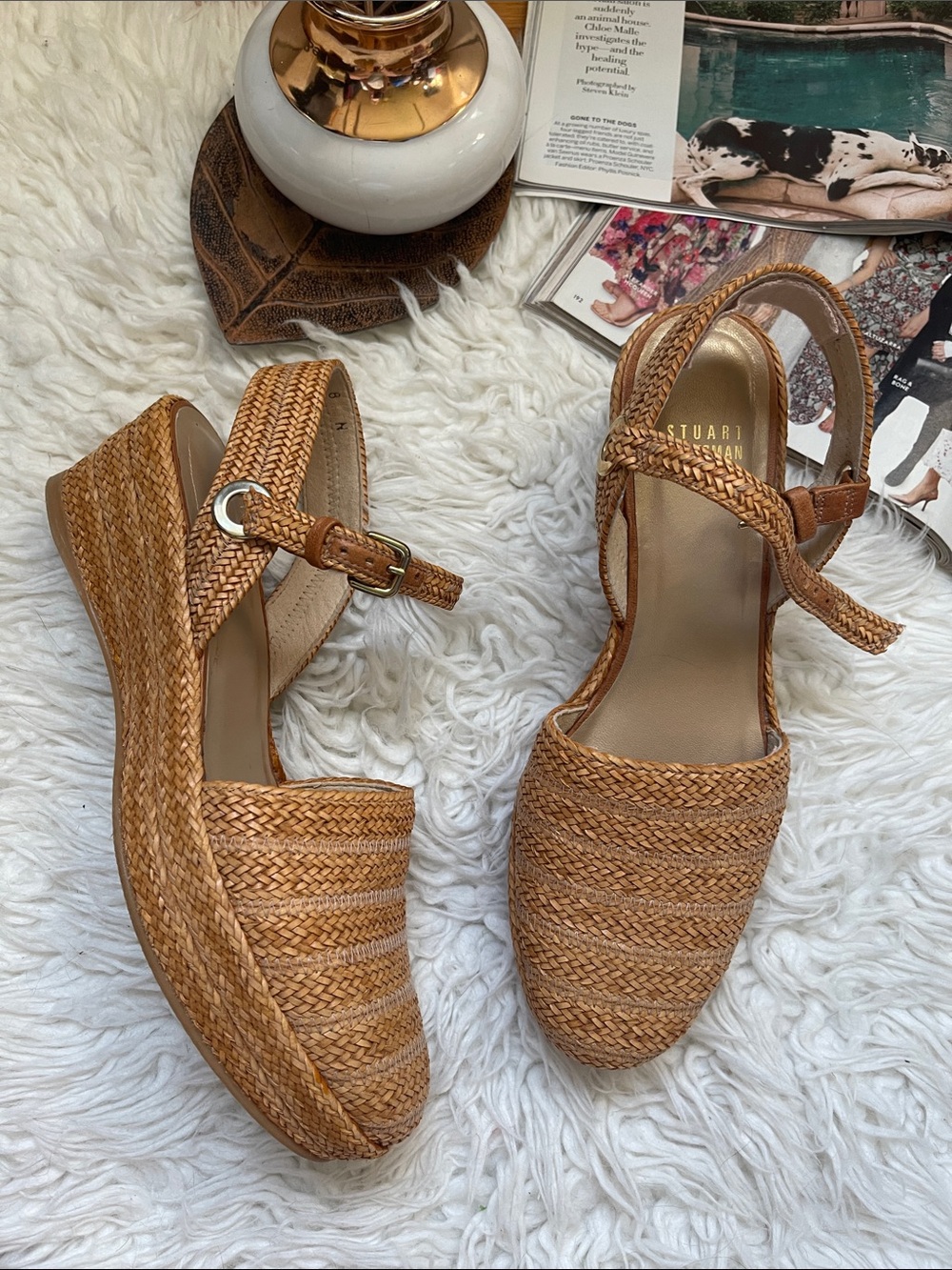 Stuart Weitzman Braided Espadrille Wedge Sandals - Tan